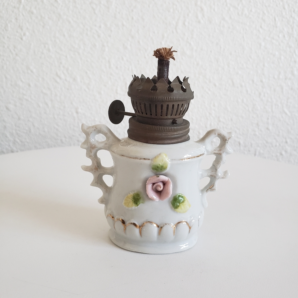 Vintage Miniature Porcelain White Gold Trim Pink Rose Oil Kerosene Lamp 